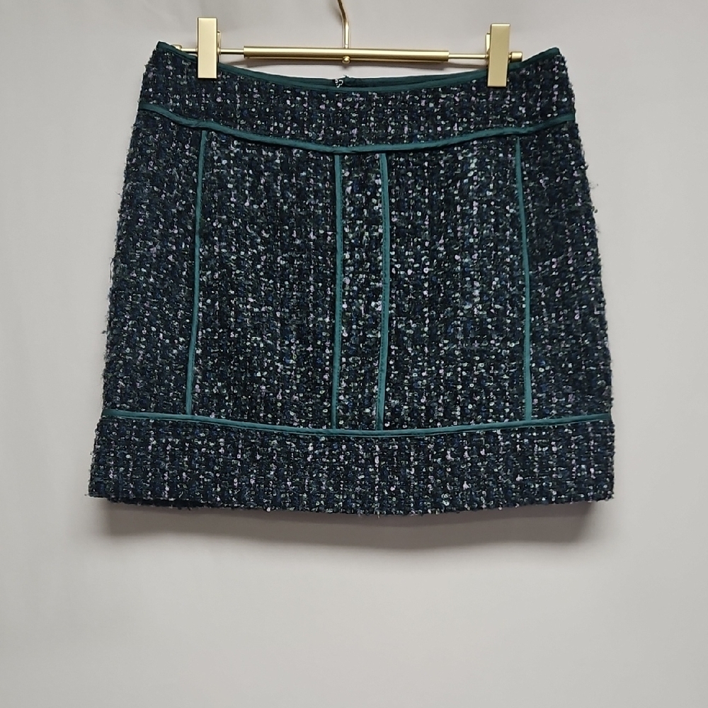 J.Crew Womens Green Wool Blend Tweed Mini Skirt Leather Trim Preppy